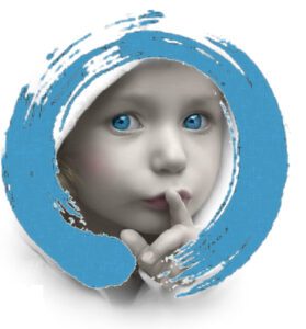 Child in hood, finger on lips, blue circle.