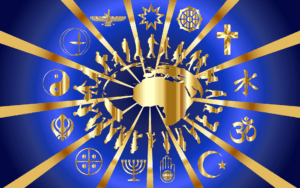 Global unity: religious symbols and people.