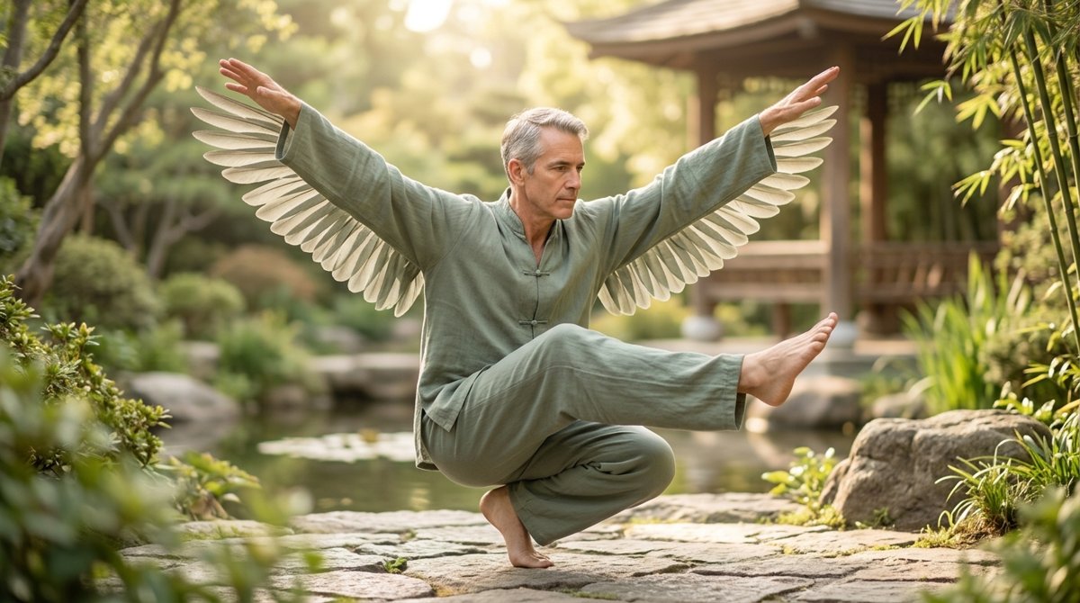 CRANE FANS WINGS WHILE KICKING TALONS & CROUCHING