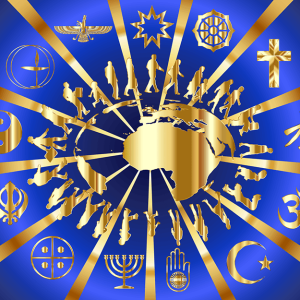 A gold map of the world surrounded by religious symbols.