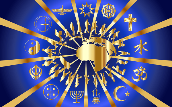 A gold map of the world surrounded by religious symbols.