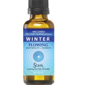 A bottle of essential oil with the label for winter flowing.