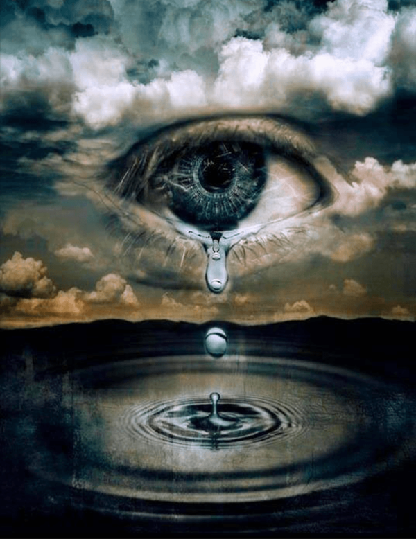 A tear drops falling from the sky to an eye.