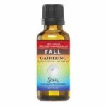 Amber bottle labeled "Fall Gathering" essential oil blend by Soria Natural.