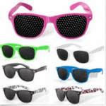 Various colorful pinhole glasses arranged in a group.